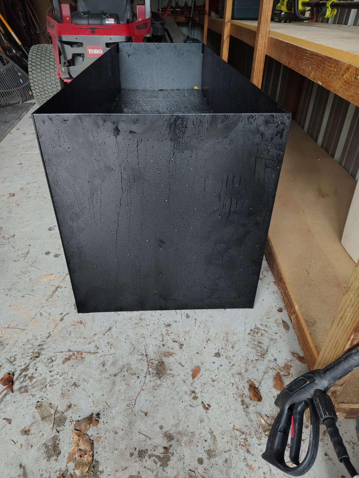 End view of black steel planter box